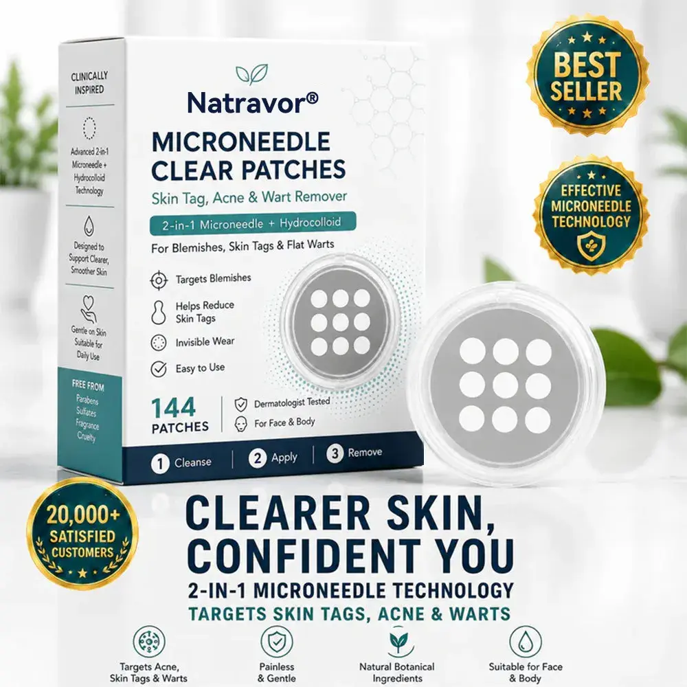 NATRAVOR®2-in-1 Microneedle & Hydrocolloid Patch🍀| Removes Raised Moles, Acne, Flat Warts & Skin Tags | Helps Improve Wrinkles, Scars & Blemishes | Invisible Patches for Face & Body