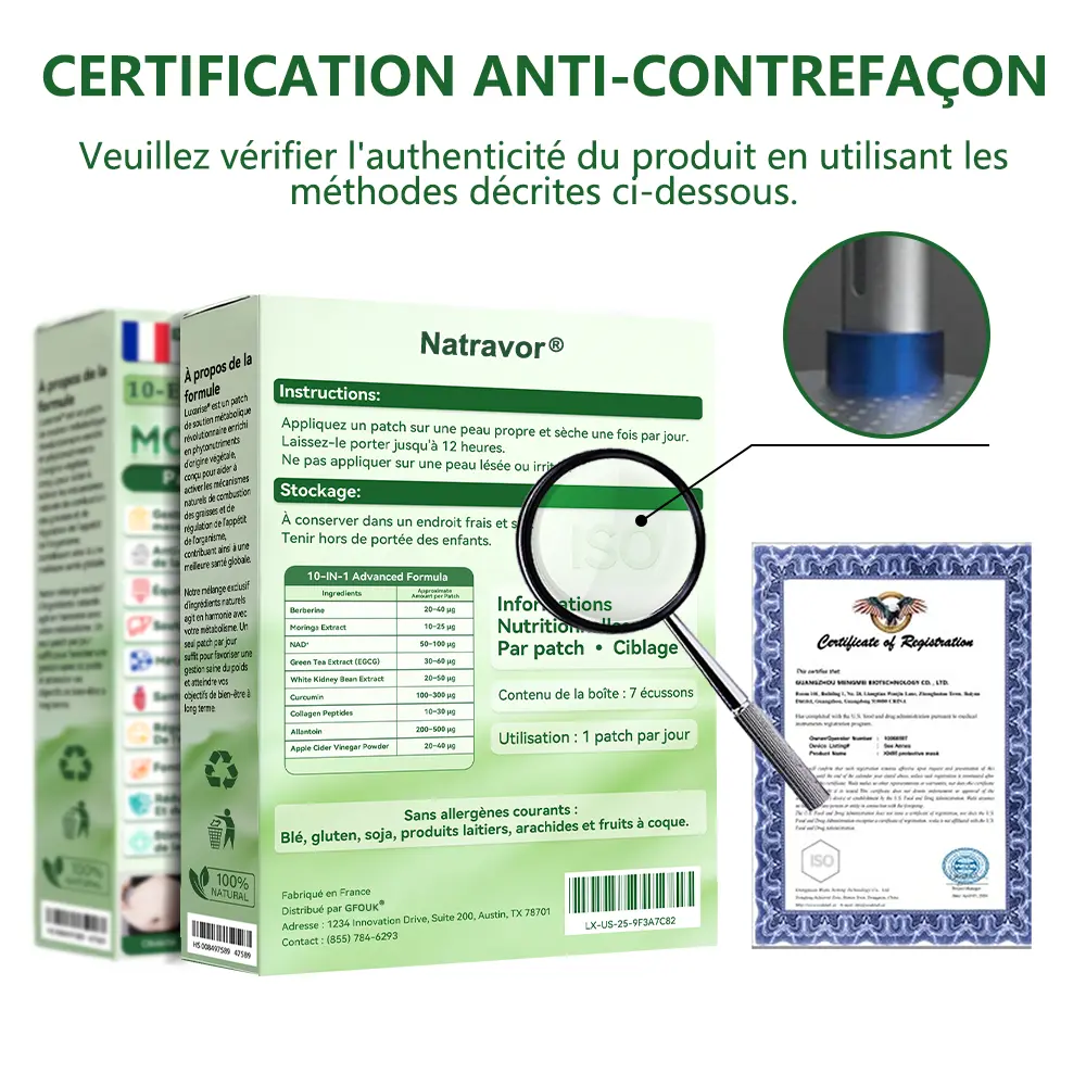 Natravor®
Patch nano à micro-aiguilles avancé 10-en-1 au moringa et à la berbérine